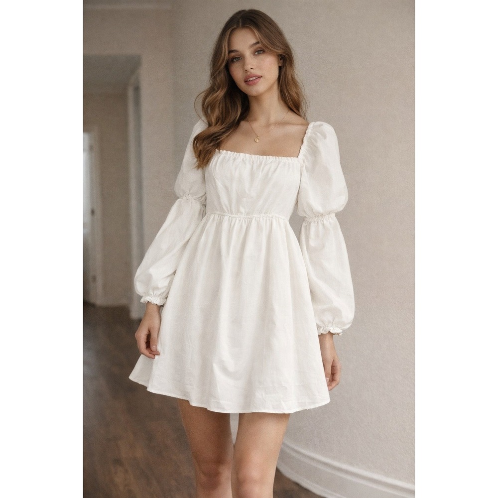 Smocked White Puff Sleeve Babydoll Small Mini Dress Coquette Indie boho Cottage